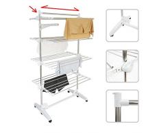 Todeco - Wäsche-Trockengestell, Wäscheständer - Material: Edelstahlrohre - Maximale Belastbarkeit: 3 kg pro Stützstange - 4 Ablagen, Weiß, mit Flügeln und oberer Stange