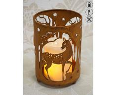Schwartinsky Weihnachtsdeko Teelichthalter mit Reh weihnachtlich für innen & außen mit LED-Kerze, Metall, Rostfarben, ca T x 10 cm B x 14,5 cm H