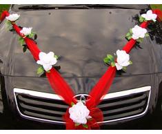 Organza M Auto Schmuck Braut Paar Rose Deko Dekoration Hochzeit Car Auto Wedding Deko Girlande PKW (Reinweiß/Rot)