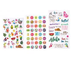Rayher 50039000 Sticker Mix Tropical, 89 Sticker mit Effekten, 3 Bögen, Aufkleber, Effekt-Sticker, Motivsticker, Flamingos, Papageien, Faultiere, Kakteen, Palmen, Melonen, Texte u.v.m.