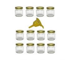 Viva Haushaltswaren - 12 x Mini Einmachglas 53 ml mit goldfarbenem Deckel, runde Glasdosen als Marmeladengläser, Gewürzdosen, Gastgeschenk etc. verwendbar (inkl. Trichter Ø 12,3 cm)