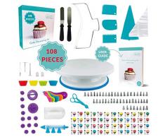 108-teiliges Kuchendekorationsset, rutschfeste Platte, 2-Draht, 48 nummerierte Spritztüllen, gerader und abgewinkelter Spatel, 10 Spritzbeutel & Silikonbeutel, 2 Blumennägel & Heber, Geschenk-Box