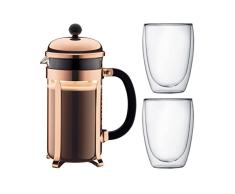 Bodum K1928-18-1 Chambord Set Kaffebereiter 8 Tassen mit 2 Gläser 35 cl Doppelwand Pavina, Chrom, 1 Liter, Pink