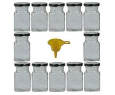 Viva Haushaltswaren #31421# 12 x Gewürzgläser / Marmeladengläser 150 ml mit silberfarbenem Verschluss, eckige Twist off Gläser als Einmachgläser, Glasdosen & Vorratsdosen verwendbar (inkl. Einfülltrichter)
