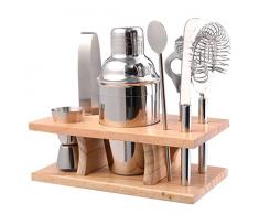 Cocktail-Set mit Holzständer, Edelstahl, inklusive Shaker mit Filter und Deckel, Sieb, Obstmesser, Eiswürfel-Zange, Flaschenöffner und Korkenzieher Stößel, Barma&szlig