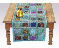 Blauer Patchwork-Tischläufer – indische Pailletten Baumwolle Boho Bohemian Hippie Patchwork Läufer Tapisserie Wandbehang – indische Dekoration Wandteppich Hochzeit Empfang Party Decor 45,7 x 147,2 cm