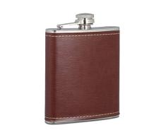 Relaxdays Flachmann 200ml, Taschenflasche aus Edelstahl mit Kunstleder Hülle, kleiner Flachmann für Unterwegs, braun