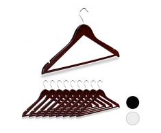 Relaxdays Kleiderbügel Holz, 10er Set, Kerben, Hosensteg, Garderobenbügel, 360° drehbarer Haken, 44,5 cm breit, braun