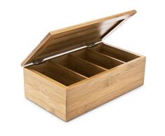 Relaxdays Teebox HBT: 9 x 28,5 x 16 cm Teekiste aus Bambus mit aufklappbarem Deckel Teedose mit 4 Fächern für circa 80 Teebeutel als Teebeutelbox und Schmuckkästchen aus Holz kein Aromaverlust, natur