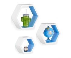 Relaxdays Wandregale sechseckig, Hängeregale 3er Set, schwebende Dekoregale, Holzregale schmal, stabil, MDF, weiß/blau