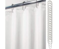 mDesign 2er-Set Polyester Duschvorhang – wasserdichter Duschvorhang inkl. 18 Ringe – extra breiter Vorhang für Dusche und Badewanne – 100 % Polyester – weiß