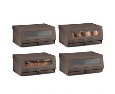 mDesign 4er-Set Schuhaufbewahrung aus Stoff – stapelbare Schuhbox mit Sichtfenster, Klettverschluss und Klappdeckel – Aufbewahrungsbox für den Schrank oder das Regal – Dunkelbraun