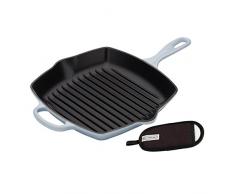 Le Creuset Gusseisen Grillpfanne Signature quadratisch 26 cm, meeresblau & Le Creuset Griffüberzug Klassik schwarz