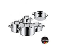 WMF Function 4 Topfset 5-teilig, Cromargan Edelstahl poliert, Töpfe mit Glasdeckel, 4 Abgießfunktionen, Induktionstöpfe, Topf Induktion, Innenskalierung, unbeschichtet, schwarz