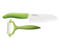 Kyocera Cut&Peel Set, Santokumesser (Klinge: 14 cm) mit Sparschäler, grüner Griff