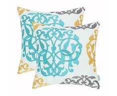 CaliTime Kissenbezüge Kissenhülle 2er-Pack Kissenbezüge aus Baumwolle für Bettcouch Sofa Vintage Compass Geometric Floral 45 x 45 cm Bestickt Türkis Gold Grau