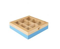 IBILI Teebox mit 9 Fächern aus Pinienholz, Holz, braun/hellblau, 24 x 24 x 7 cm