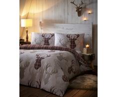 DE CAMA Einzel-Bettwäscheset mit Hirschkopf-Motiv und Karomuster, naturfarben/braun
