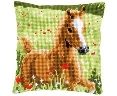 Vervaco Kreuzstichkissen Fohlen, Stickbild vorgezeichnet Kreuzstichpackung Kissen, vorbezeichnet, Baumwolle, Mehrfarbig, 40 x 40 x 0,3 cm