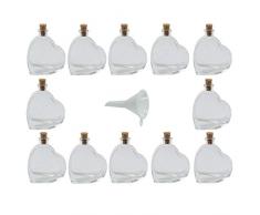Viva Haushaltswaren - 12 x Mini Glasflasche in Herz-Form 50 ml, Gläser Set mit Korkverschluss als Gastgeschenk, Likörflaschen, Ölflaschen etc. verwendbar (inkl. Trichter Ø 5 cm)