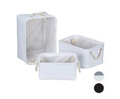 Relaxdays Aufbewahrungskorb 3er Set, mit Henkel, Regalkorb in 3 Größen, rechteckig, Stoff, für Regal & Schrank, weiß