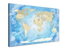 LanaKK - Weltkarte Leinwandbild â âWorldmap Frozen â - englisch - Kunstdruck-Pinnwand in blau, einteilig & fertig gerahmt in 100 x 70 cm