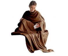 CelinaTex TV-Decke Kuscheldecke mit Ärmeln und Fußtasche 150 x 180 cm braun Coral Fleece Tagesdecke Ärmeldecke