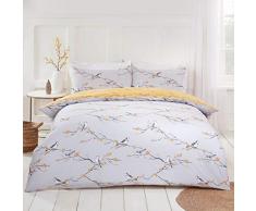 Dreamscene Wendebettwäsche-Set mit Blumenmotiv, Grau-Ockergelber Vogel-Aufdruck, Einzelbett