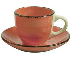 VILLA DESTE Baita Set Espressotassen mit Untertassen, emailliertes Steinzeug handbemalt, rosa, 6 TLG.