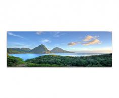 Panoramabild auf Leinwand und Keilrahmen 150x50cm Karibik Berge Wald Meer Sonnenlicht