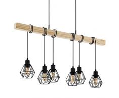 EGLO Pendellampe Townshend 5, 6 flammige Vintage Pendelleuchte im Industrial Design, Retro Hängelampe aus Stahl und Holz, Farbe: schwarz, braun, Fassung: E27