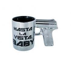 Out of the blue 78/8107 Steingut Becher mit Pistolengriff, Hasta la vista baby, circa 16 x 10 cm, silber