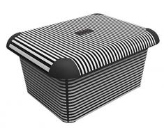 Rotho Creative Aufbewahrungskiste mit Deckel, Kunststoff (PP), schwarz/weiss mit Motiv Stripes, 15 Liter (40,5 x 31,7 x 19,5 cm)