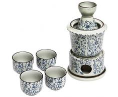 Exquisite Keramik Blumen Japanisches Sake-Set W/4 Shot Glas/Cups, Servieren Karaffe & Stövchen Schale blau