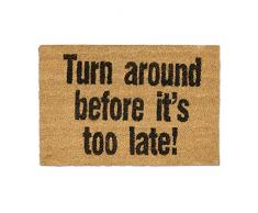 Relaxdays Fußmatte Kokos Spruch Turn Around 40 x 60 Kokosmatte mit Rutschfester PVC Unterlage Fußabtreter aus Kokosfaser als Schmutzfangmatte und Sauberlaufmatte Kokos & Gummi Türvorleger, Natur