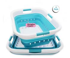 SAMMART Wäschekorb aus Kunststoff, zusammenklappbar, mit 3 Griffen, faltbar, faltbar, faltbar, tragbar, platzsparend, 2 Stück leuchtendes Blau