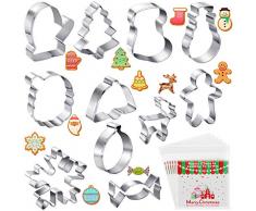 Outus 12 Stücke Weihnachten Ausstecher Edelstahl Backform mit 100 Stück Weihnachten Süßigkeiten Tüten, Lebkuchen Männern, Schneeflocken, Rentieren, Weihnachtsbaum, Schneemann, Weihnachtsmann