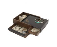 Umbra Stowit Design Schmuckkasten – moderne Schmuck Box mit Geheimfächern für Ringe, Armbänder, Uhren, Halsketten, Ohrringe und Accessoires, Holz / Metall, Schwarz / Walnuβ