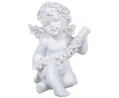 Out of the blue Sitzender Polyresin Engel mit Rosenblütenkranz-Dekor und Rosengirlande, Weiß, 15 x 10 cm
