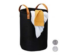 Relaxdays Wäschekorb Filz, Tragegriffe aus PU-Leder, 28 l Aufbewahrungskorb Kinderzimmer, Bad, HxD 45 x 30 cm, schwarz, 1 Stück