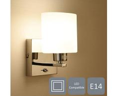 AUROLITE 1 x E14 Wandleuchte mit An-/Aus-Kippschalter, poliertes Chrom-Finish, ovaler zylinderförmiger Glasschirm, geeignet für LED-Upgrade, ideal für Schlafzimmer, Wohnzimmer, Flur, Hotel, B&B
