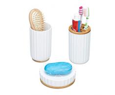 Relaxdays Badaccessoires 3teilig, Seifenschale, Zahnbürstenhalter, Zahnputzbecher, Bambus Badzubehör Set, weiß/Natur, 3 Stück