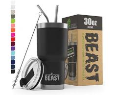 BEAST Edelstahl Becher Vakuumisolierte Tasse Kaffeebecher Doppelwandige Reiseflasche Thermobecher mit Spritzfestem Deckel, Paket mit 2 Strohhalmen, Rohrbürste & Geschenkbox (30oz, Schwarz)