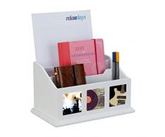 Relaxdays, weiß Dokumentenablage mit 3 Bilderrahmen, 3 Fächer Stehsammler für Din A4, Design Büro Organizer mit Fotos, 17 x 28 x 17 cm