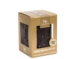 WoodWick Vanilla Bean Geschenkset mit kleinen Duftkerzen und funkelndem Kerzenhalter mit Blattmotiv