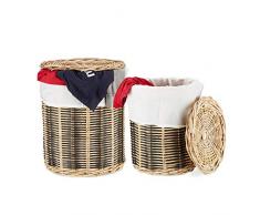 Relaxdays Wäschekorb Rattan, rund, 2er Set, sehenswerte Flechtoptik, abnehmbarer Deckel, Stoffeinsatz, natur/schwarz