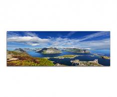 Panoramabild auf Leinwand und Keilrahmen 150x50cm Norwegen Lofoten Berge Wasser Wolkenschleier