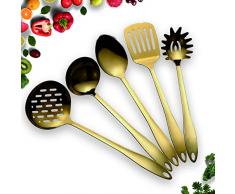 HOMQUEN Edelstahl Küchengerät Set - Gold 5 Kochutensilien, Nonstick Küchengeräte Set, einschließlich Schlitz Turner, Suppenkelle, Löffel, Skimmers, Pasta Server