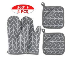 LetHomer 2 Ofenhandschuhe und 2 Topflappen, weiches Baumwollfutter mit Rutschfester Oberfläche, hitzebeständige Küchenhandschuhe für die Mikrowelle Backen Kochen Grillen BBQ grau