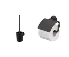 Tiger Tune Toilettenbürste, Montage ohne Bohren Dank integrierter Klebefolie + Tune Toilettenpapierhalter mit Deckel, Montage ohne Bohren Dank integrierter Klebefolie, Black Metal gebürstet/Schwarz